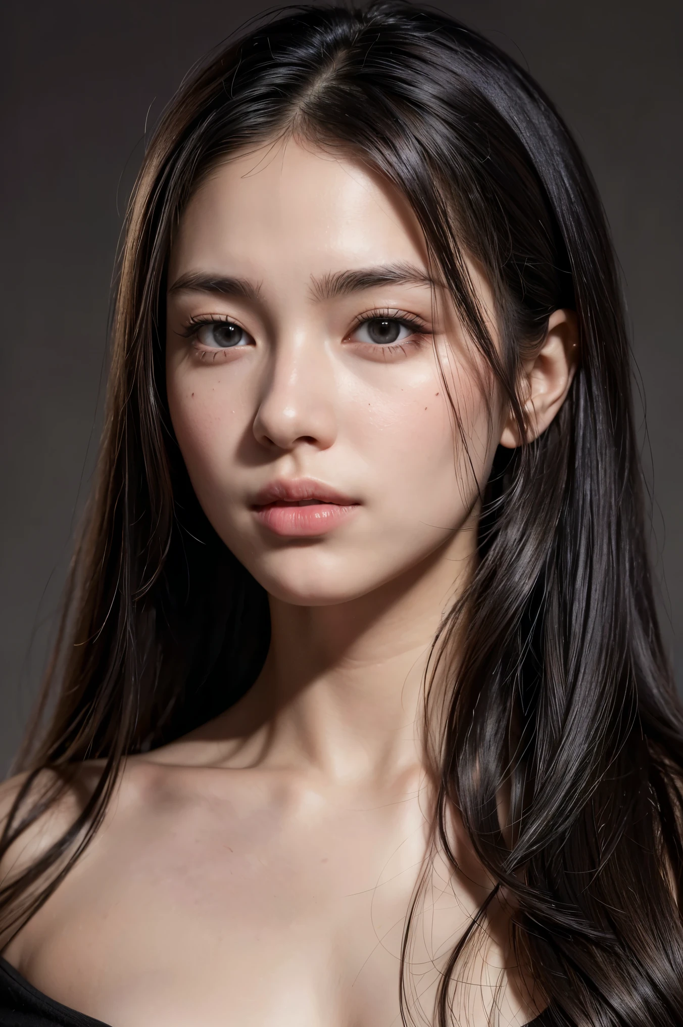 1 girl, long hair, medium bust, black shirt, slight smile, detailed skin, pores, simple background, (best quality,4k,8k,highres,masterpiece:1.2),ultra-detailed,(realistic,photorealistic,photo-realistic:1.37),portrait,natural lighting,warm color tone