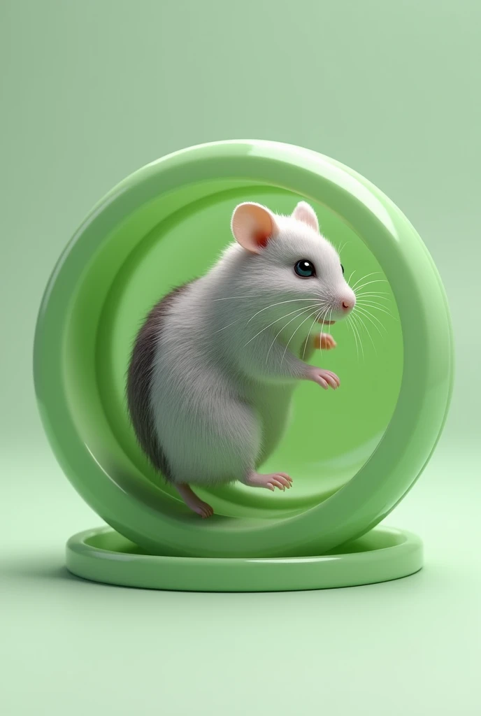 Create a picture of a grey hamster with a black stripe on its back, running on a green wheel in realism