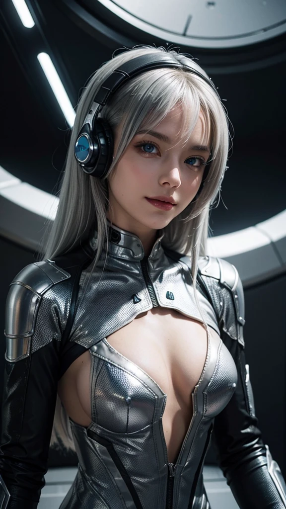 A beautiful silver-haired girl wearing headphones, a sci-fi action set on Mars in the 2500s, a body suit with a black base that emits a glow, a complex pattern that emits light, a smiling face, and blue eyes staring at you. Breasts exposed, small breasts, detailed nipples, nudity, sultry, low cut, cleavage.