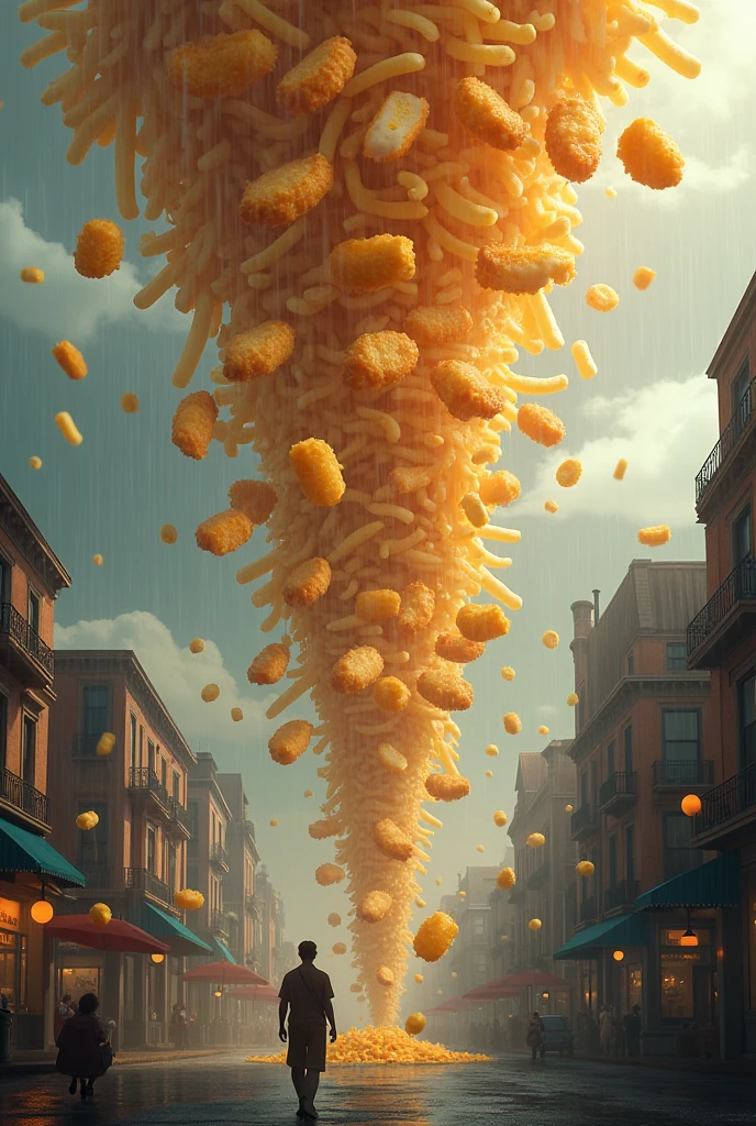 Une pluie de fish and chips tombant de partout du ciel comme de la pluie dans une ville