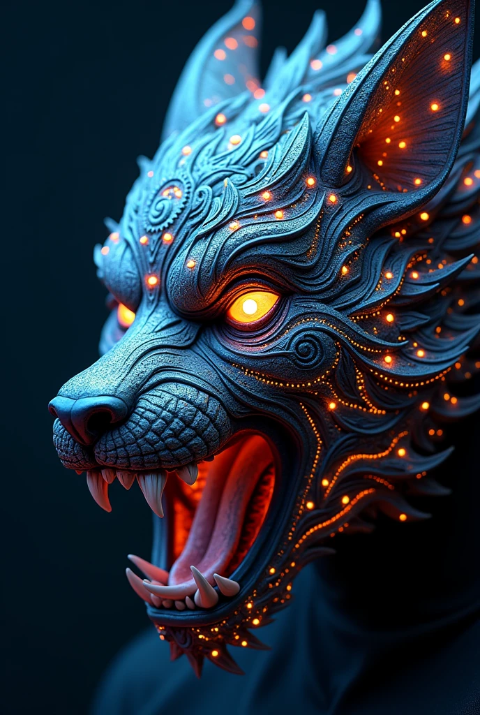Create an intricate mask that combines several unique elements. The mask features the fierce growl of a [insert], integrated with glowing bioluminescent tribal patterns that glow in the dark. Mechanical gears and cogs are subtly incorporated into the design, giving it a steampunk aesthetic. Nature themes are present with delicate vines and leaves weaving through the design, adding an organic touch. Gothic ornate filigree enhances the edges, creating an ancient and haunting look. The mask also includes cyberpunk LED lights and holographic displays, giving it a sleek and futuristic look. Additionally, celestial themes with stars and moon patterns are subtly embossed, depicting a cosmic influence. This mask is a perfect combination of primal, mystical, and technological elements.