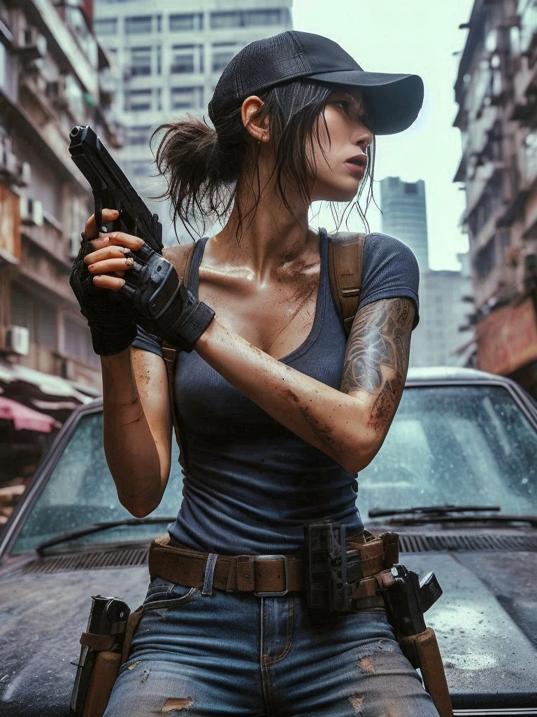 8k,Realistic Photo、Realistic Skin Texture、Superrealism、Japanese women living in America、General citizens、Civilian、Tattoo、cap、jeans、Short sleeve shirt、Beauty、American cityscape、Old building、Pistol、Covered in scars、It is dirty、muscle、The background is out of focus、Dramatic Images、Battleground、The strongest woman、Former Marine、abandoned car、Be vigilant