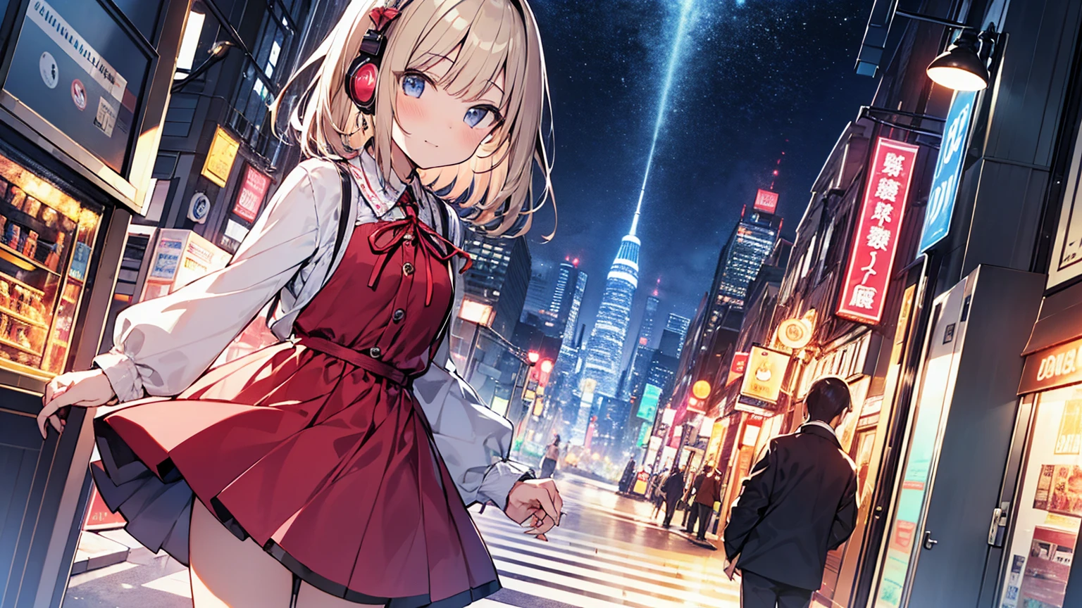 (best quality), ((masterpiece)), (highres), illustration, original, extremely detailed, 1girl, game cg nishikigi chisato, bob cut, hair ribbon, headphones, lycoris uniform, two-tone dress, red dress, grey dress, neck ribbon, long sleeves, look at claw machine, teddy bear, furrowed brow, cityscape, night sky, neon signs, chiaroscuro