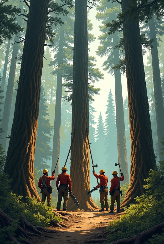 illustration, people cutting down several trees