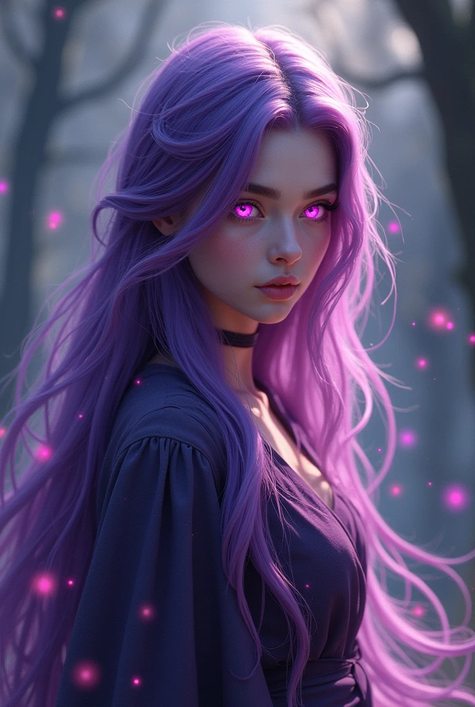 Young Witch She has long purple hair that reaches her mid-back. Her eyes are pink.