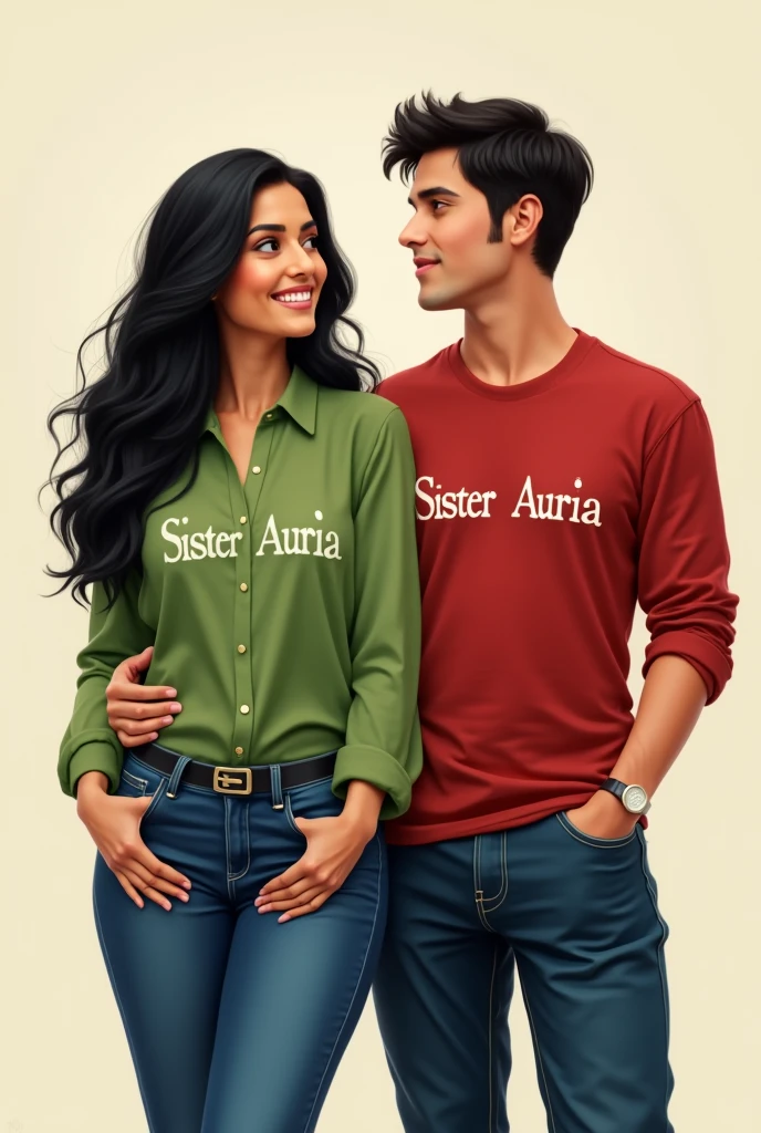Woman with black hair with a green blouse and blue jeans plus a man by her side the man with black hair and a red shirt with blue jeans the shirts with the phrase sister auria