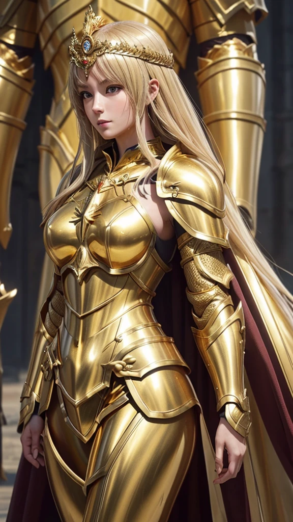 1girl, detailed golden goddess armor, dramatic knight armor, thin gold armor, anime goddess, long distance view of woman in gold costume on battlefield, light gold armor, stomach, (best quality),(masterpiece),(detail),(photorealistic:1.37),(realistic:1.37),(high quality)