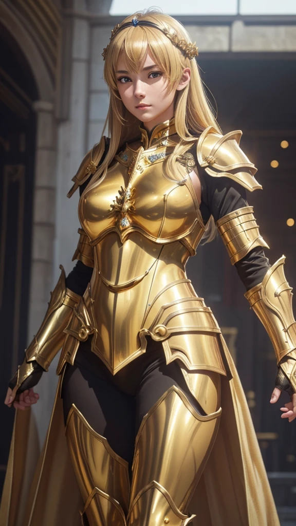 1girl, detailed golden goddess armor, dramatic knight armor, thin gold armor, anime goddess, long distance view of woman in gold costume on battlefield, light gold armor, stomach, (best quality),(masterpiece),(detail),(photorealistic:1.37),(realistic:1.37),(high quality)