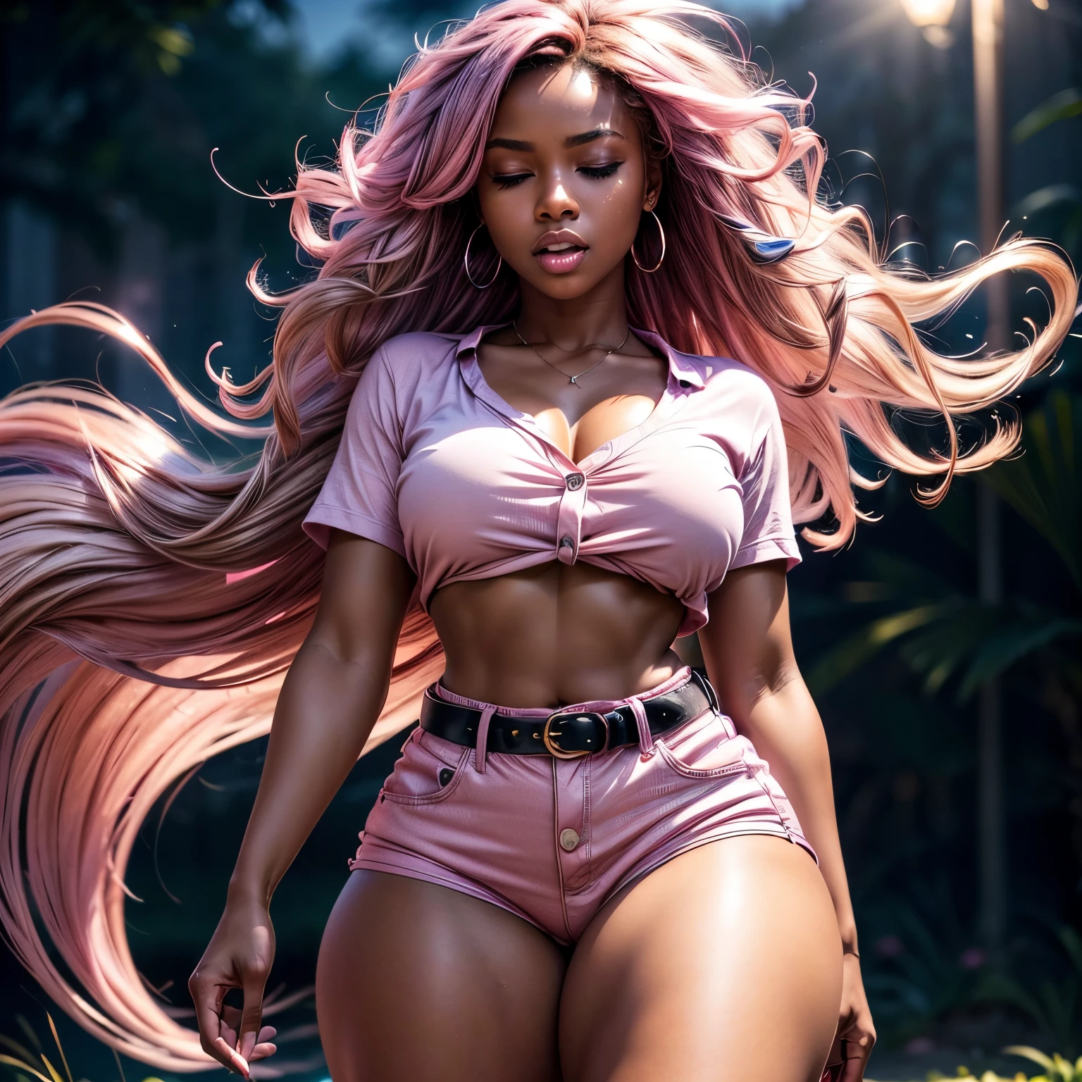 in pink hypnosis, (1), (dark skin), dark skin, wide shot, blond hair, orgasm, (white button down top, pink shorts with belt), (Masterpiece, Professional lighting, 16k, 8k wallpaper, raw photo, photorealistic:1.8, ultra detailed, natural lighting, detailed skin sexy pose, open mouth, big lips, night time, eyes closed, magical world, pink smoke, orgasm, screaming, thick thighs, ((slim thick body:1.2)), hypnosis