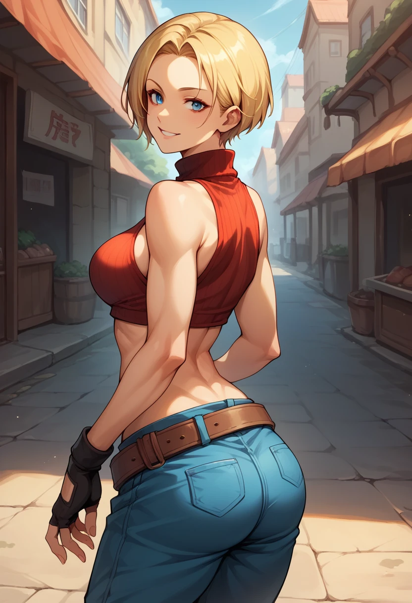 score_9, score_8_up, score_7_up, BREAK, score_9, bmarydg, blonde hair, short hair, smile, sleeveless turtleneck, sleeveless, baggy pants, loose belt, crop top, blue_Pants, fingerless gloves, blue eyes, looking at viewer, cowboy shot, ass, from behind, street