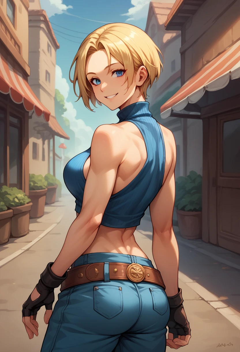 score_9, score_8_up, score_7_up, BREAK, score_9, bmarydg, blonde hair, short hair, smile, sleeveless turtleneck, sleeveless, baggy pants, loose belt, crop top, blue_Pants, fingerless gloves, blue eyes, looking at viewer, cowboy shot, ass, from behind, street