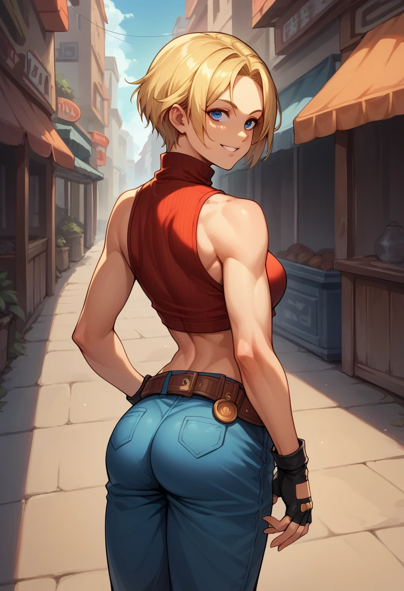 score_9, score_8_up, score_7_up, BREAK, score_9, bmarydg, blonde hair, short hair, smile, sleeveless turtleneck, sleeveless, baggy pants, loose belt, crop top, blue_Pants, fingerless gloves, blue eyes, looking at viewer, cowboy shot, ass, from behind, street