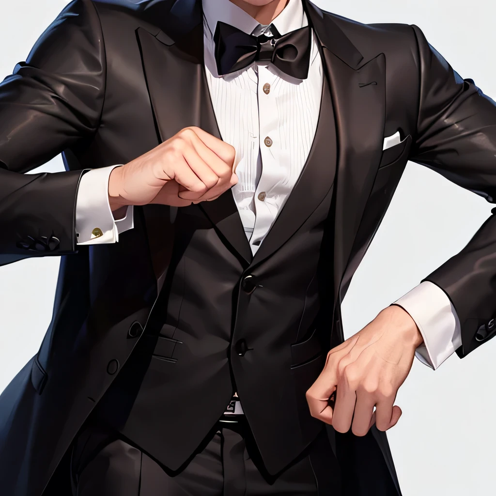 Man with black hair and brown eyes. Handsome, Wearing tuxedo. Cool, hot. Man. Buffed man. White background