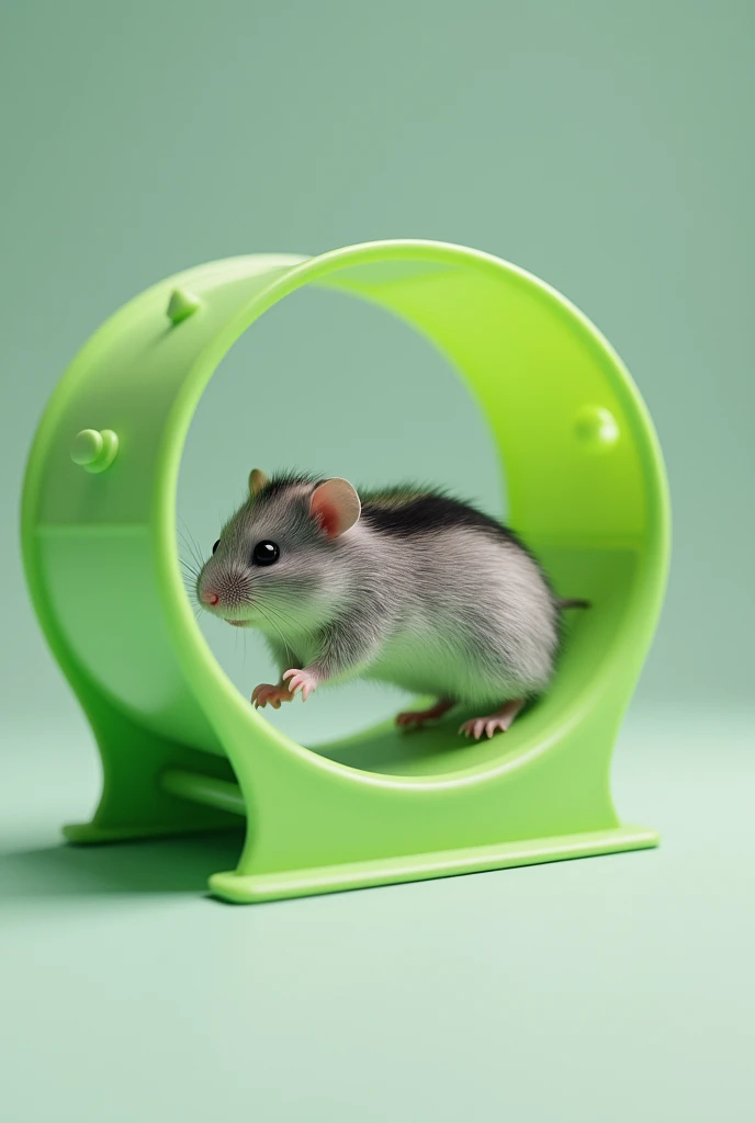 Create a picture of a gray hamster, with a black stripe on the back, running on a green wheel in realism
