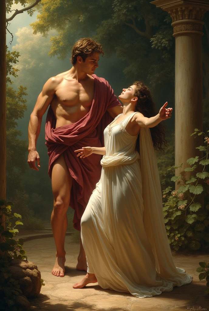 secretly in love with Hippolytus, Theseus' son from a previous marriage, tried to seduce him. Being rejected, Phaedra lied, falsely accusing Hippolytus of having tried to dishonor her. But create the image where the son is rejecting it