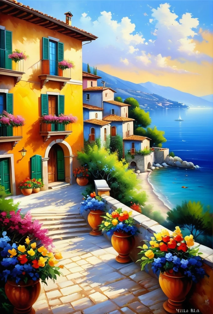 Beautiful village oil painting, Villa Bella, Italy, bySung Kim