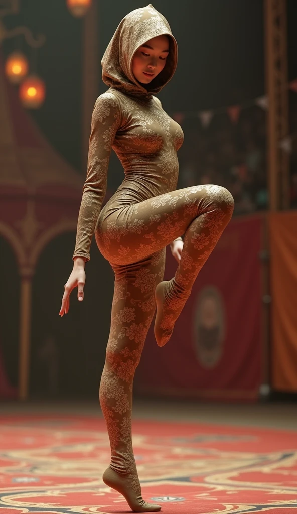 The beautiful and thinest Chinese adult girl with beautiful cheeks wears  and brown floral print lycra footed turtleneck unitard catsuit covered with many floral patterns.She always wear brown floral print lycra elastane stretchy dancewear hijab-like zentai hood.She is happy at circus.She is take part for contortion as contortionist.