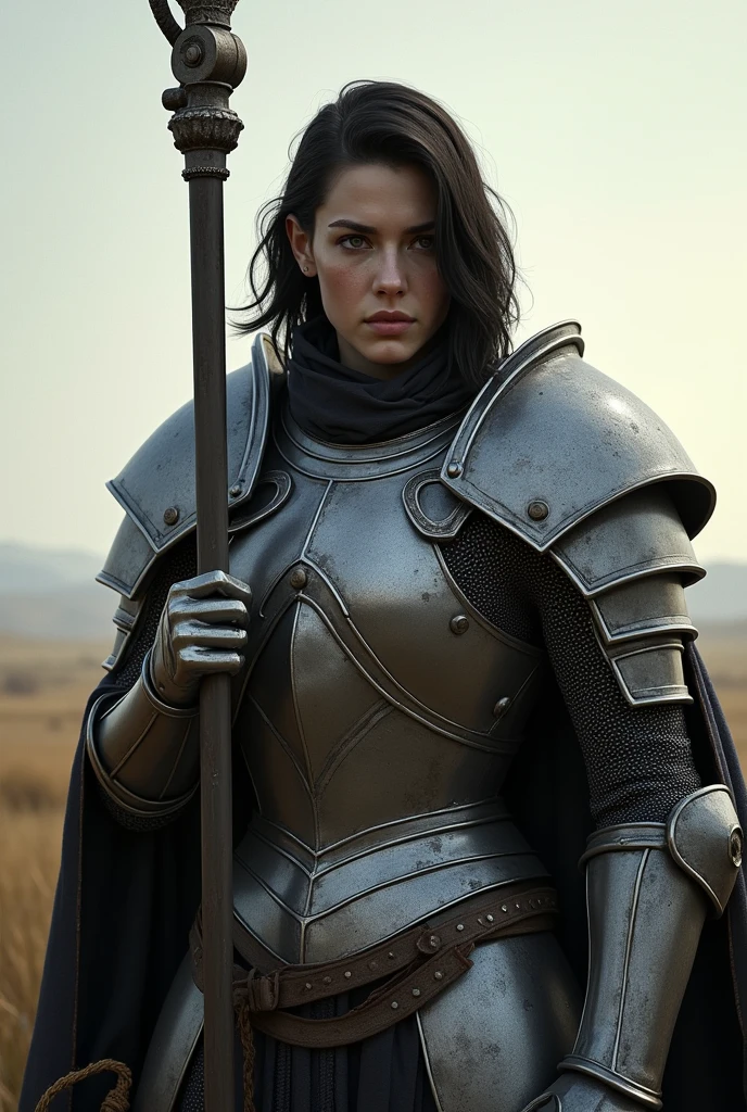 Create a pale-skinned, dark-haired paladin, of serene and serious appearance, wearing chainmail and a glaive
