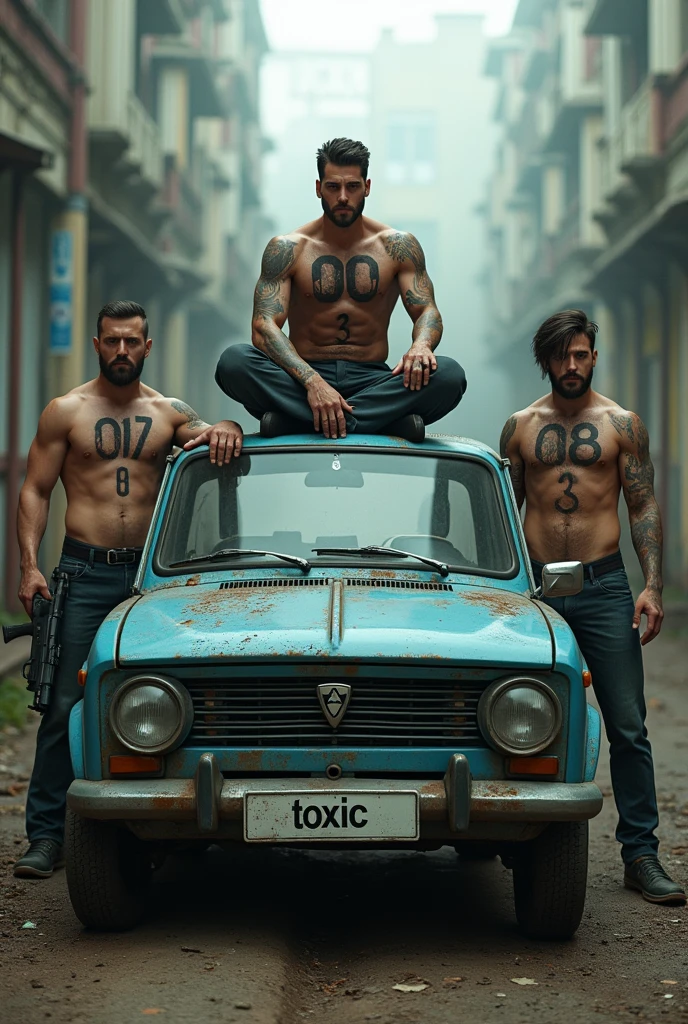 Generate a picture of 3 men . They have their number tatoo on their chest. The leader number is 01 and other two number are 03 , 08 respectively . All numbers tatoo should clearly visible. The 01 number men are sitting on the roof of a old blue dacia car . One of them is standing at left side of car and other one is on right side with m416 gun. TOXIC are printed on the car number plate and BGMI PARTNER are printed on top of image .This are are situated in infected area.
