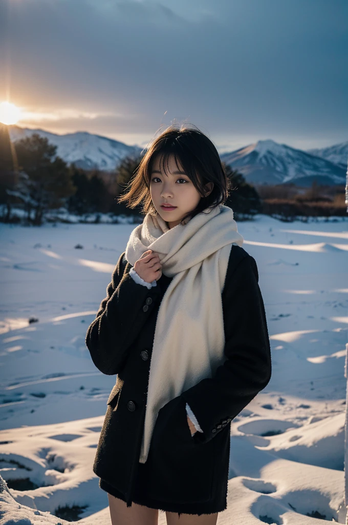 high quality, masterpiece, Ultra-high resolution, (Realistic:1.4), Raw photo, 1, Japanese，Black Hair、Moody tones, Hair swaying in the wind、Beautiful woman，２0--old、ce one hand in front of their chest、Frontal body、whole bodyショット、flare skirt、cold、winter，Snow Scene，Snowfall，a whitish fluffy coat，a red checked wool scarf，Detailed depiction of the hand、short hair、Short Hair、whole body、Red check muffler、Strong sunlight、Shadow representation、Don't look over here、Looking into the distance