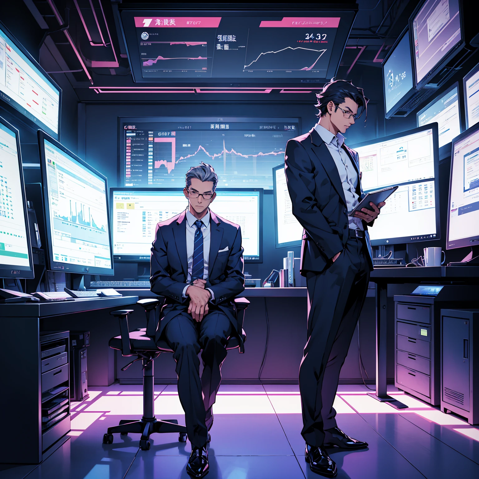 A cool guy in a suit.
forex on two computers looking at a chart screen.
I made an illustration in Japanese anime style and