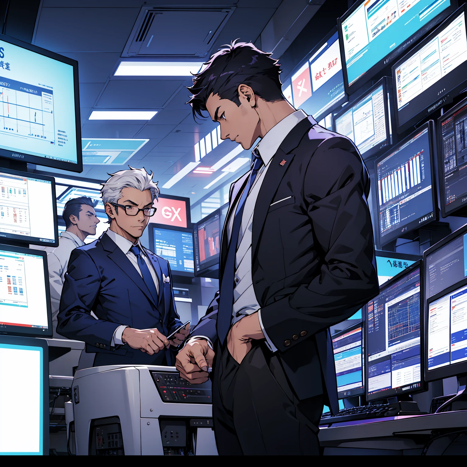 A cool guy in a suit.
forex on two computers looking at a chart screen.
I made an illustration in Japanese anime style and