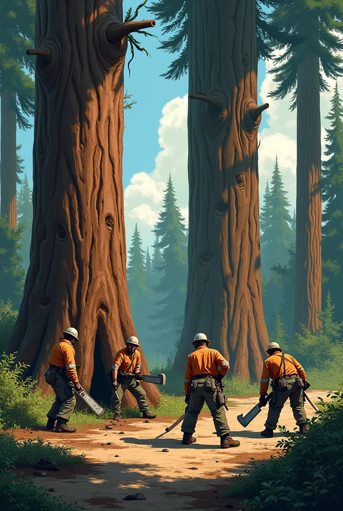 illustration, people cutting down several trees