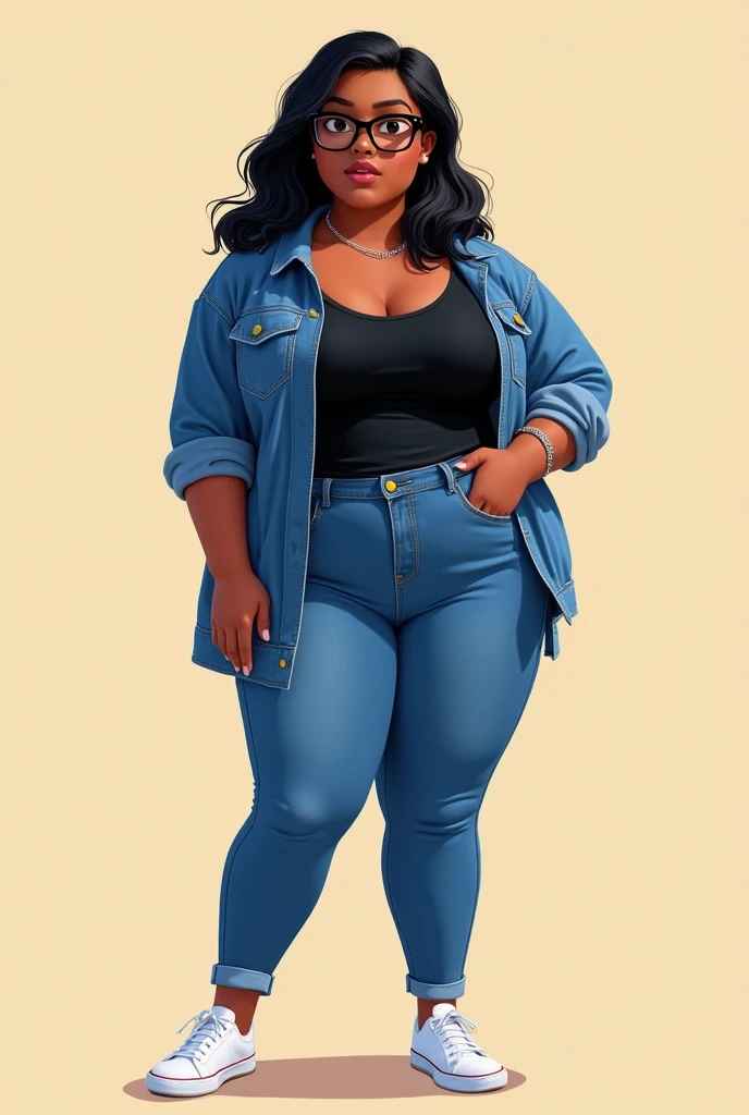 CREATE A DISNEY PIXAR DRAWING WOMAN 3 Slightly overweight BLACK SKIN WEARING RIBBON STYLE GLASSES BLACK HAIR STRAIGHT ON THE SHOULDER WEARING JEANS PANTS BLACK TOP JEANS JACKET WHITE SNEAKERS