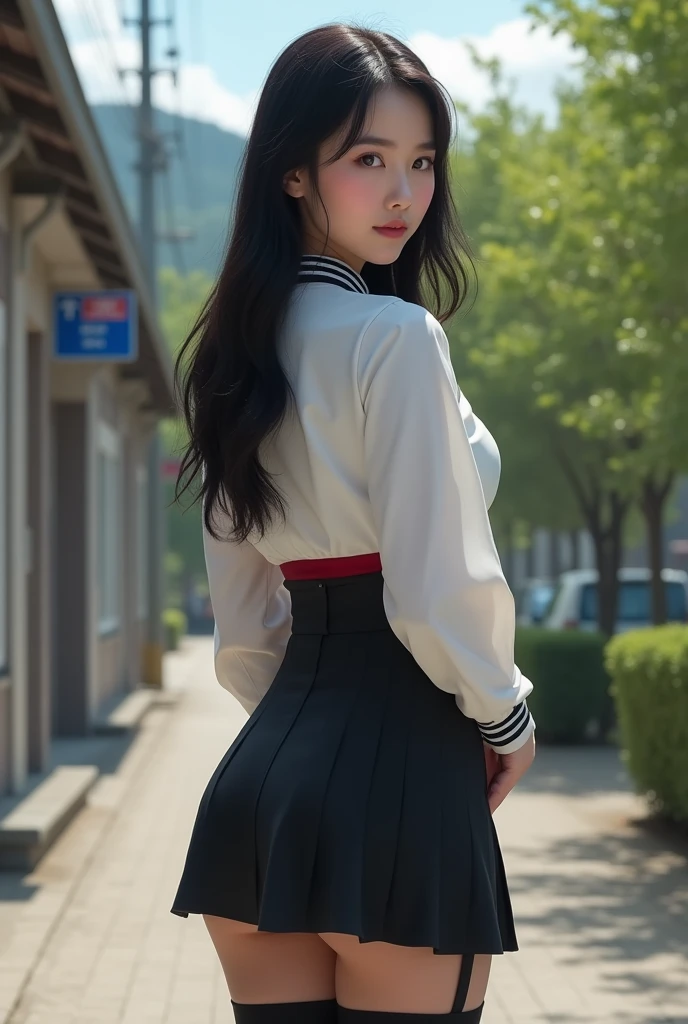 Young woman, Twenty years old, Black hair, beautiful face, Asian style, Fair Skin, Big breasts,Thin waist, Big butt, Wearing a Korean teacher&#39;s outfit, Wear black stockings, behind school, Realistic style 

