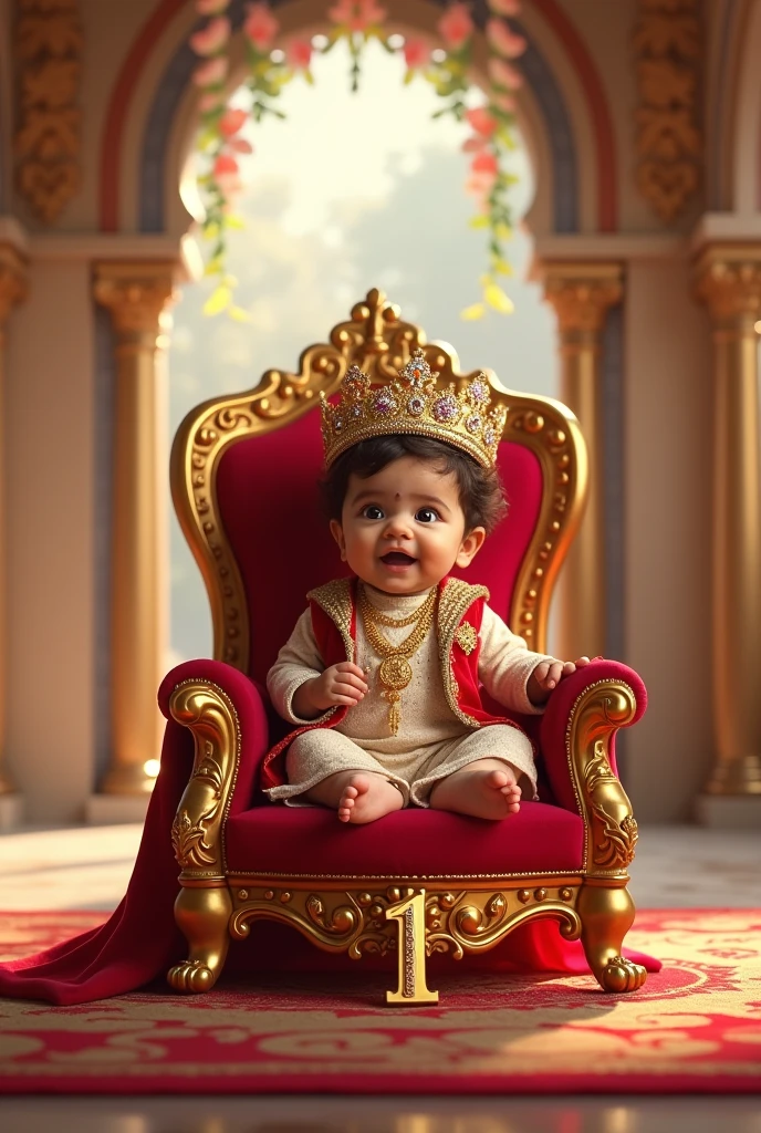 A realistic image of a cute little indian baby boy as a Prince sitting on a throne, in very big and beautiful house and in house there are all around gold , wearing a crown and a royal attire and he is very very beautiful and gorgeous and besides her is a large size '1' cutout , indicating that its his first birthday. Bright, bold and colorful image, Flower garlands can be seen hanging from the palace archs, seems like a celebration time in the palace