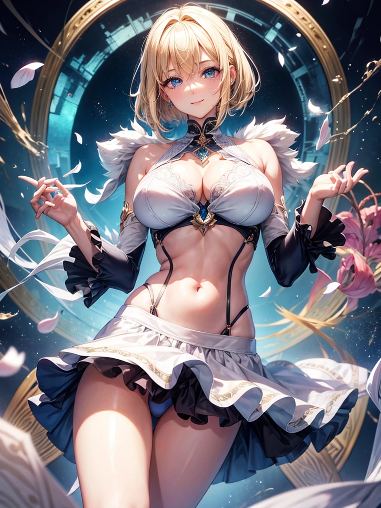 Anime style, super fine illustration, super clear illustration, highly detailed, beautiful detailed, super pale tone image, super delicate illustration, super calm & static image, static representation, gentle expression, happy expression, 8k, pretty 1girl with blonde straight short hair & blue eyes & a bright smile & huge breasts & nipples & soft fair skin is wearing the street dancer black costume, on the stage, solo, perfect fingers, perfect arms, perfect legs, masterpiece.