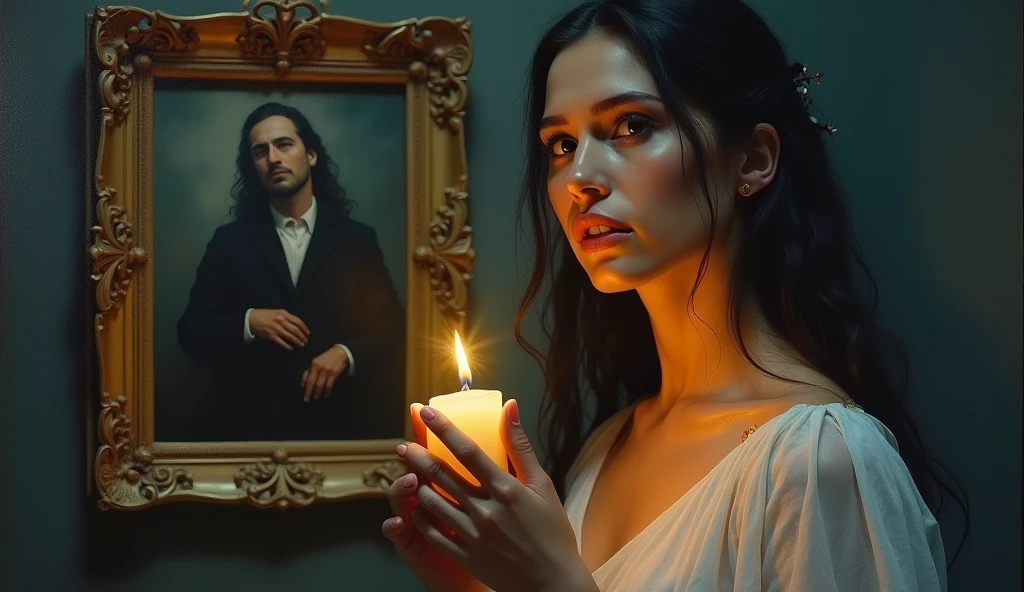 painting of a woman holding a candle in front of a picture of a man, mystical oil on linen, candlelit, la llorona, emotional oil painting, oil on canvas detailed, painting of a woman, luminescent oil painting, goddess close-up portrait, oil painting of realistic woman, oil on canevas, heidi, portrait of queen of light