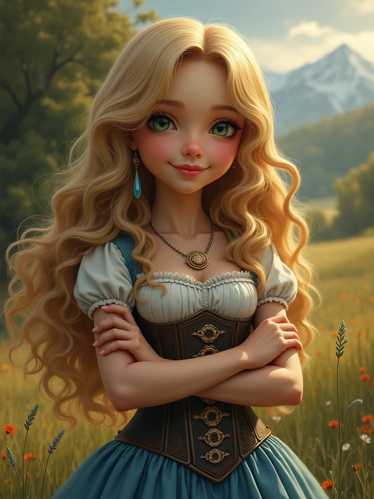 (masterpiece:1.2), (Highest quality), (Super detailed), (8K, 4K, Complex),(Half Body:1.2),(cowboy:1.2),(Very detailed:1.2),(Detailed face:1.2), (Detailed Background),(Portraiture),Detailed landscape,GOLDELOCKS One Girl, alone, Long Hair, smile, Blonde, dress, golden curvy Hair, Green Eyes, Arms crossed, corset, blue dress, Huge breasts,