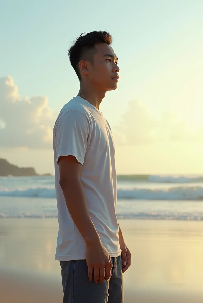 (photorealism)  Indonesian man On the beach of Indonesia,afternoon, distant shot (long shoot angle) ,full body ,facing forward,wearing a t-shirt and shorts ,haircut (slicked back short ) 