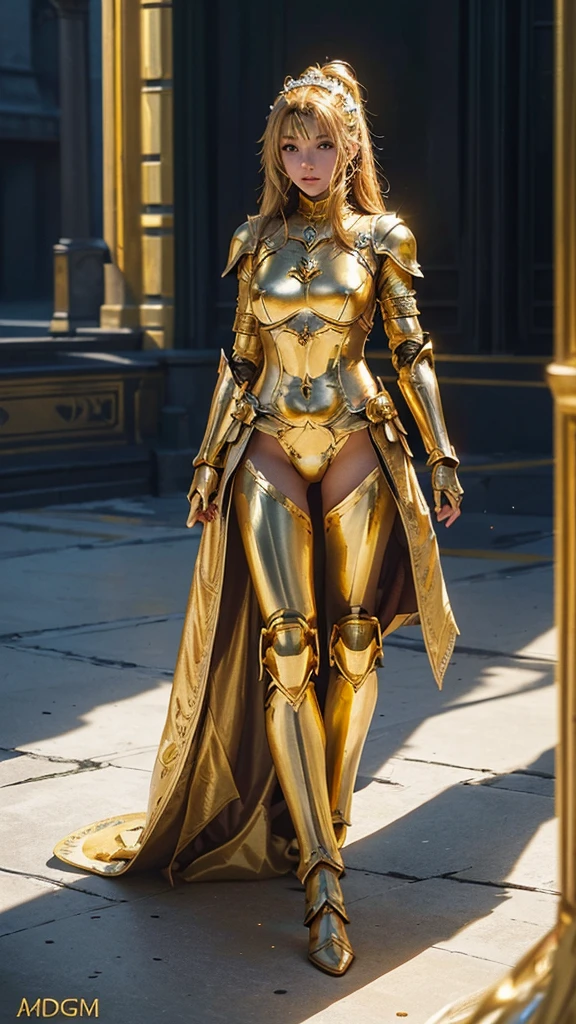 1girl, detailed golden goddess armor, dramatic knight armor, thin gold armor, anime goddess, long distance view of woman in gold costume on battlefield, light gold armor, stomach, (best quality),(masterpiece),(detail),(photorealistic:1.37),(realistic:1.37),(high quality)