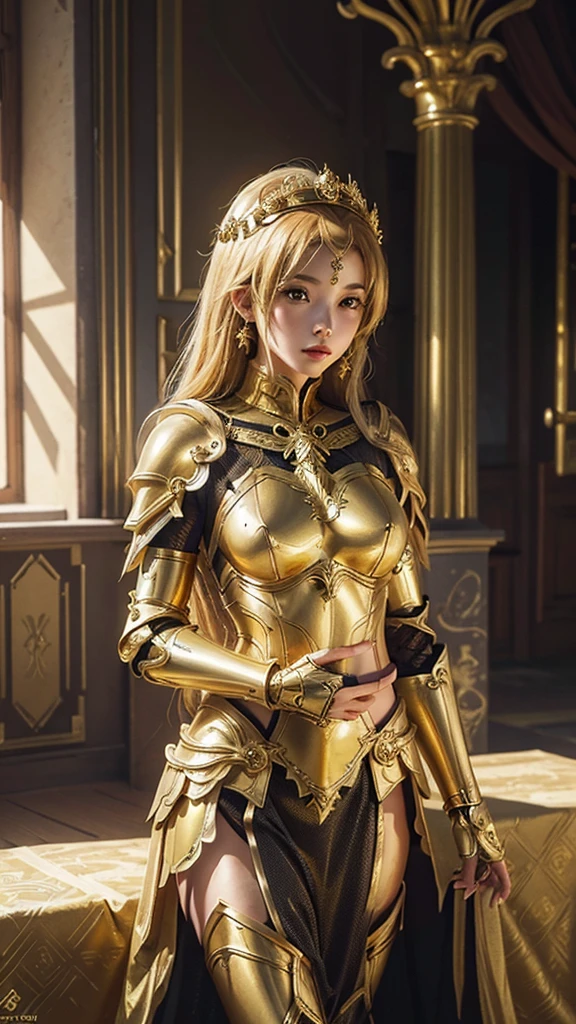 Best quality, masterpiece, super high resolution, (fidelity: 1.4), a woman in golden armor holding a sword and standing in front of a column, golden goddess athena, blonde goddess, angelic golden armor, golden armor, light golden armor, golden goddess , goddess venus athena, stunning goddess giant shot, elegant gold armor , gold armor, roman goddess, extremely detailed goddess, gold armor, greek goddess athena.