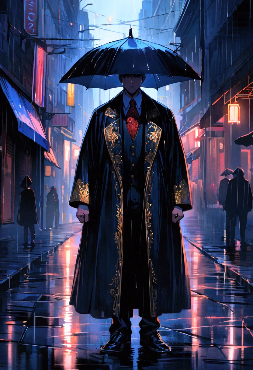 Street, 1 guy standing alone in the rain, sad