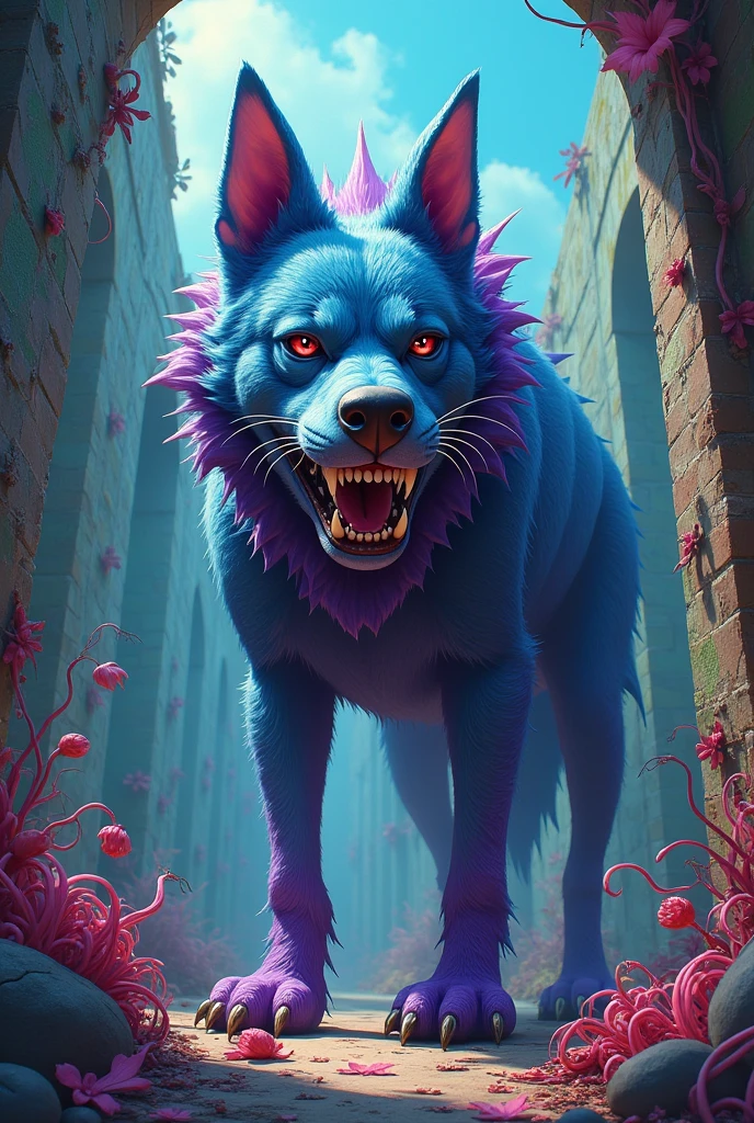 A blue and purple half caterpillar dog and he is a monster in a colorful abandoned maze scene.