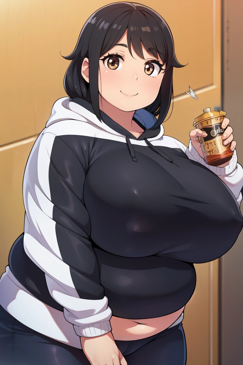 Plump  21 big breasts black hair brown eyes chubby longer hair smile hoodie