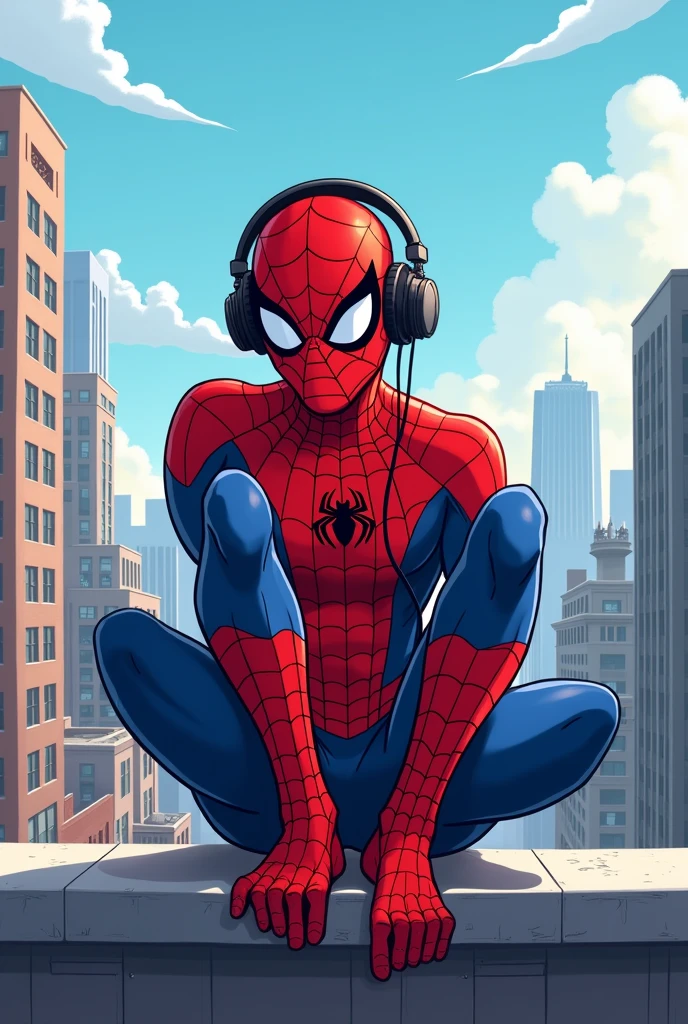 spiderman listening music ,rooftop,cartoon,fronted face
