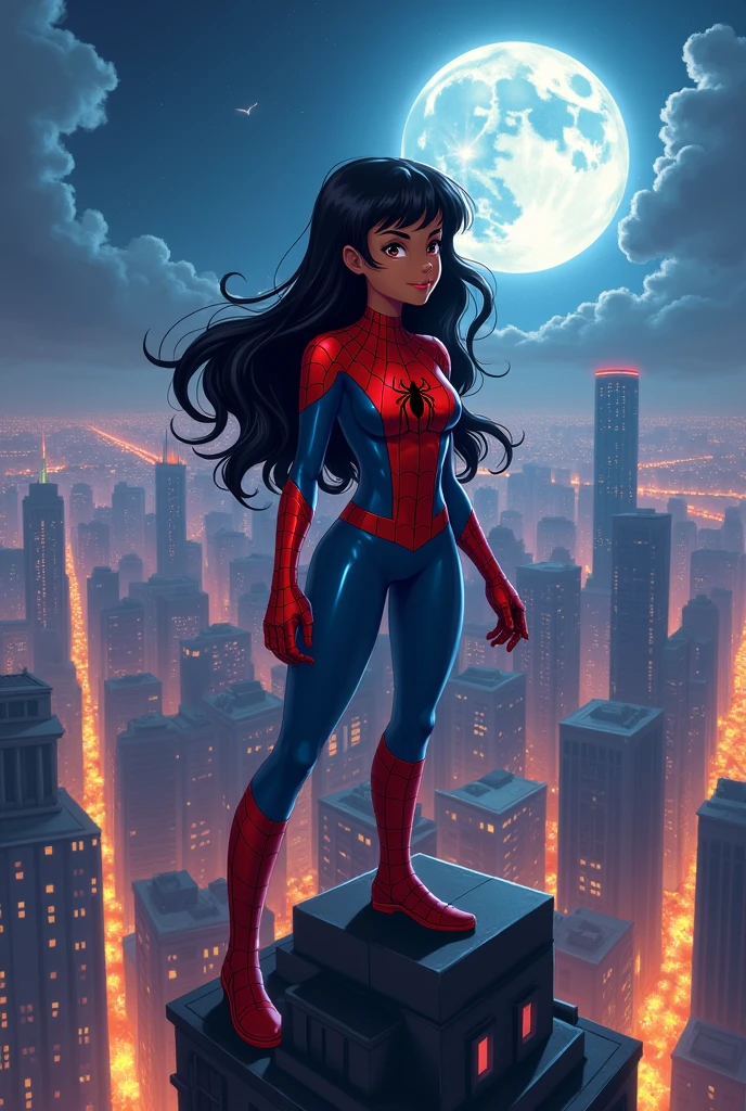 A Brazilian girl with dark brown skin color similar to the sunset, long black hair with a light red streak on the side and half of the hair bangs, a fringe covering half of the forehead, dark brown eyes shining in the night sky of a brightly lit city, body with pronounced curves,  and big ass, thin face with big cheeks and a sweet and cute look, wearing the Spider-Woman costume *SILK* white with web patterns covering the entire suit and a spider symbol on the chest, and a white mask with a web pattern covering his entire mouth, hanging from the top of a building using webs looking for bandits to stop, standing next to a cloud-covered full moon. 4k wallpaper, 4k Artwork