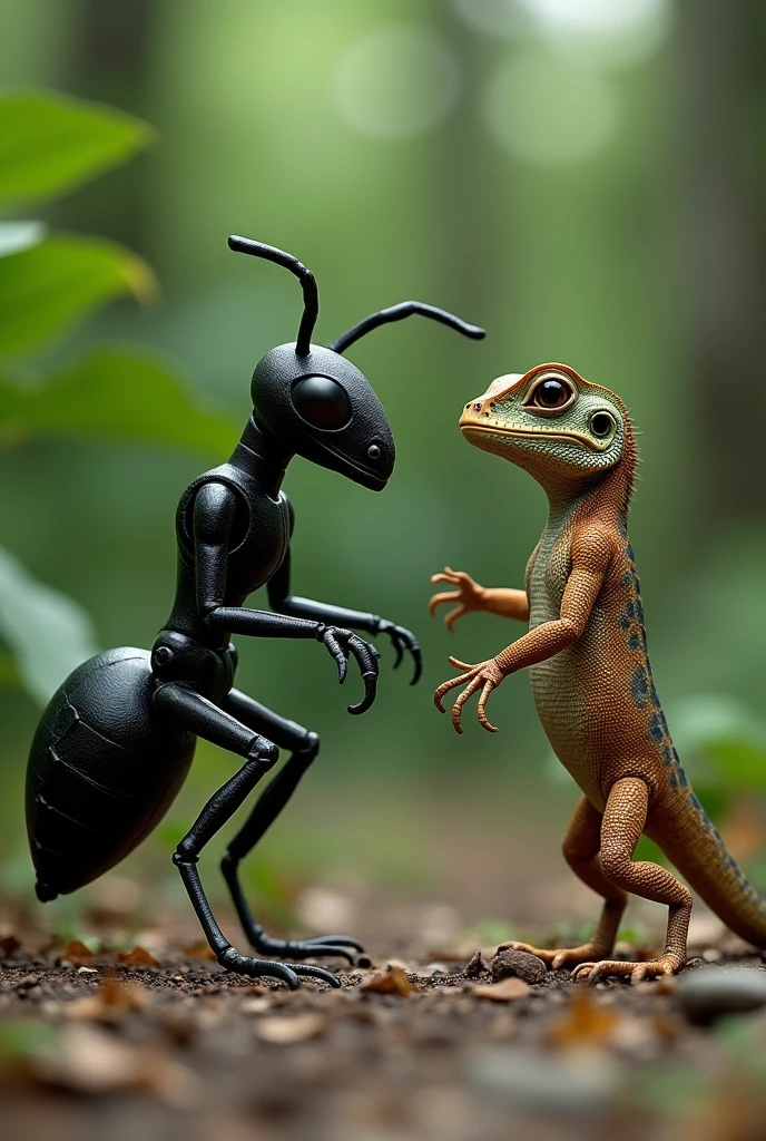 of a black ant and a lizard walking together and crossing paths face to face in a humanoid way