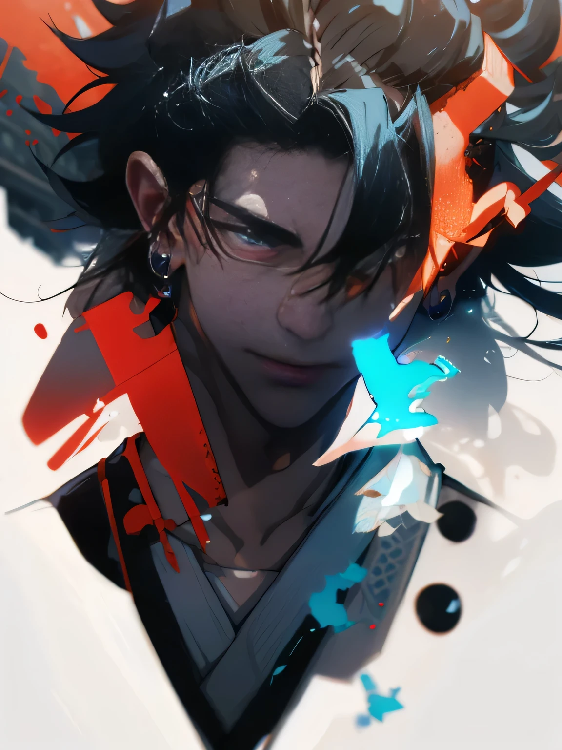Chainsaw man, picture from the side, looks into the camera, full body, sword, evil look, hanafuda earrings,