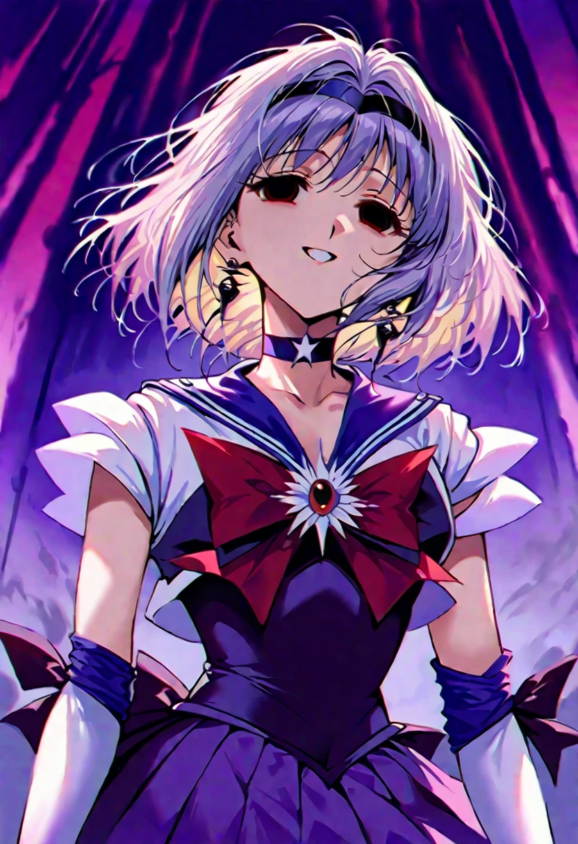 (masterpiece, Highest quality, so beautiful, Very detailed), Intricate details, 12k, Honestly,In awe of the Sailor Saturn XL,sailor senshi uniform,jewelry,skirt,choker,star choker,sailor collar,bow,brooch,star brooch,purple sailor collar,purple skirt,gloves,tiara,short hair,white gloves,earrings,elbow gloves,pleated skirt,, Are standing, Cowboy Shot,,(Wicked Smile:1.2), One person,(Silver Hair:1.4),(empty eyes,:1.4),From below,Watching the dawn,Dark aura,View your audience,(red eyes:1.2),