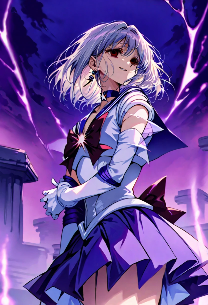 (masterpiece, Highest quality, so beautiful, Very detailed), Intricate details, 12k, Honestly,In awe of the Sailor Saturn XL,sailor senshi uniform,jewelry,skirt,choker,star choker,sailor collar,bow,brooch,star brooch,purple sailor collar,purple skirt,gloves,tiara,short hair,white gloves,earrings,elbow gloves,pleated skirt,, Are standing, Cowboy Shot,,(Wicked Smile:1.2), One person,(Silver Hair:1.4),(empty eyes,:1.4),From below,Watching the dawn,Dark aura,View your audience,(red eyes:1.2),