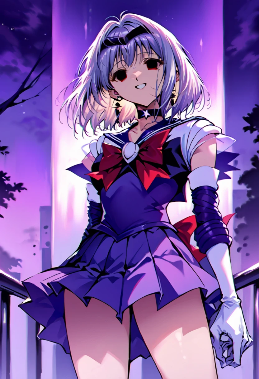 (masterpiece, Highest quality, so beautiful, Very detailed), Intricate details, 12k, Honestly,In awe of the Sailor Saturn XL,sailor senshi uniform,jewelry,skirt,choker,star choker,sailor collar,bow,brooch,star brooch,purple sailor collar,purple skirt,gloves,tiara,short hair,white gloves,earrings,elbow gloves,pleated skirt,, Are standing, Cowboy Shot,,(Wicked Smile:1.2), One person,(Silver Hair:1.4),(empty eyes,:1.4),From below,Watching the dawn,Dark aura,View your audience,(red eyes:1.2),