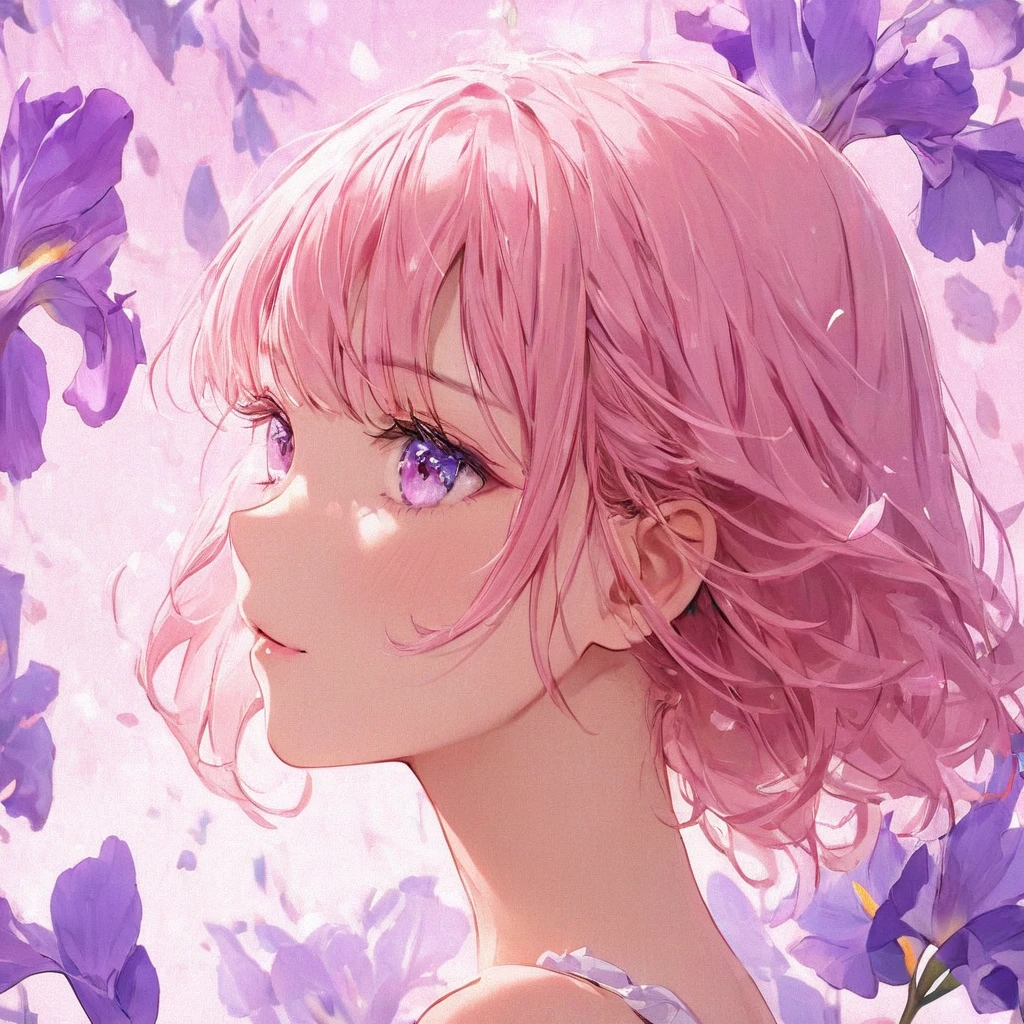 highest quality, masterpiece, surreal), Portrait of a beautiful and delicate profile girl, Playful and cute, Petals are floating in the background,Beautiful iris flowers,