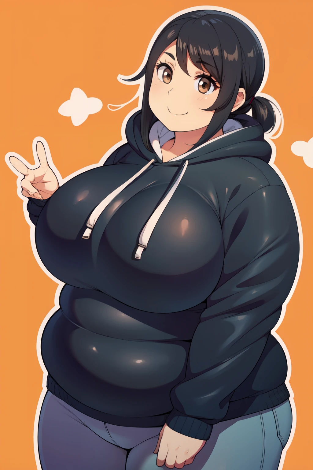 Plump year 21 big breasts black hair brown eyes chubby longer hair smile hoodie