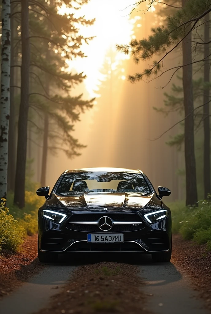 CLS 63 AMG in the Russian forest in the morning on the side with Russian numbers
