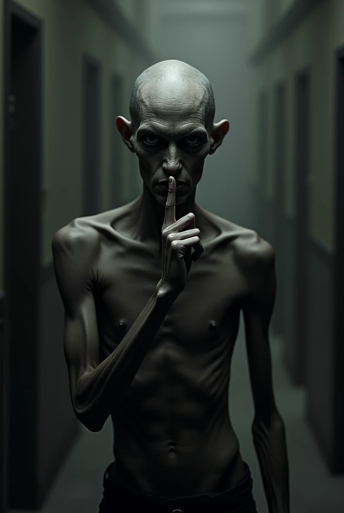 A guy thinner 100 times thân others is putting the first finger in front of his lips